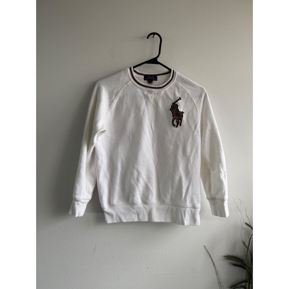 Polo Ralph Lauren Kids White Plaid Big Pony Sweatshirt Size M 10-12 Crew Neck